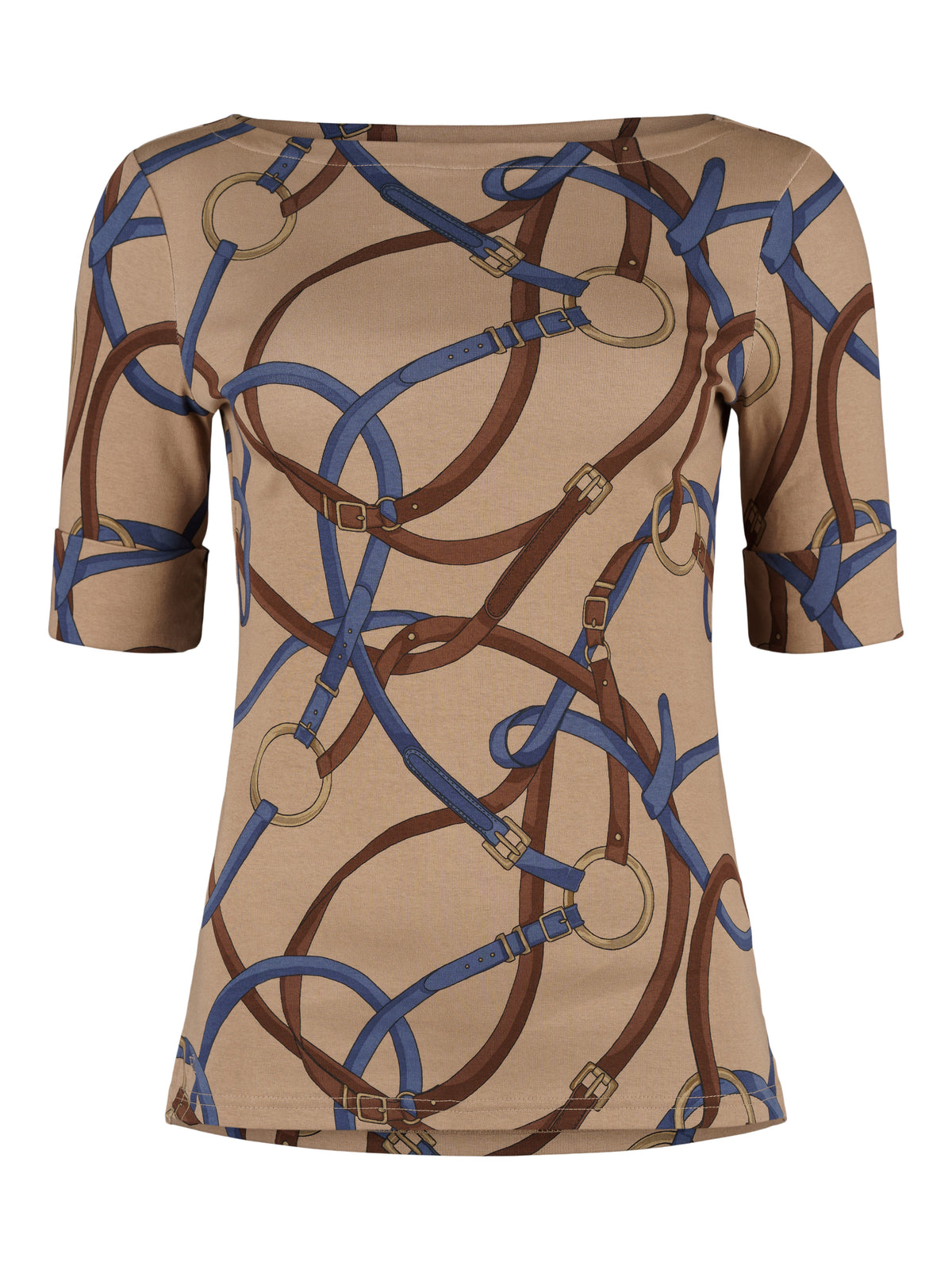 Lauren topp, camel multi – båthalsringning - Modevillan