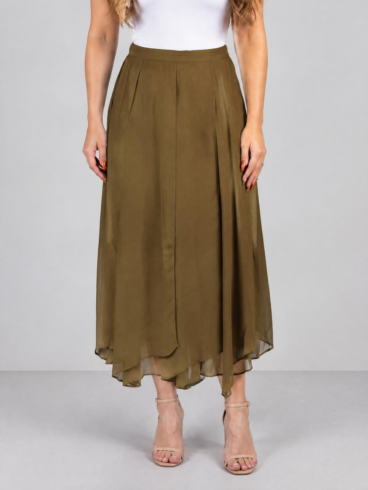 Marella kjol, green – asymmetriskt fall - Modevillan