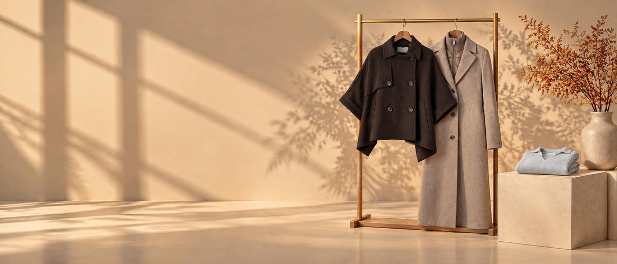 Comma – cape och kappa på klädställning i beige studio