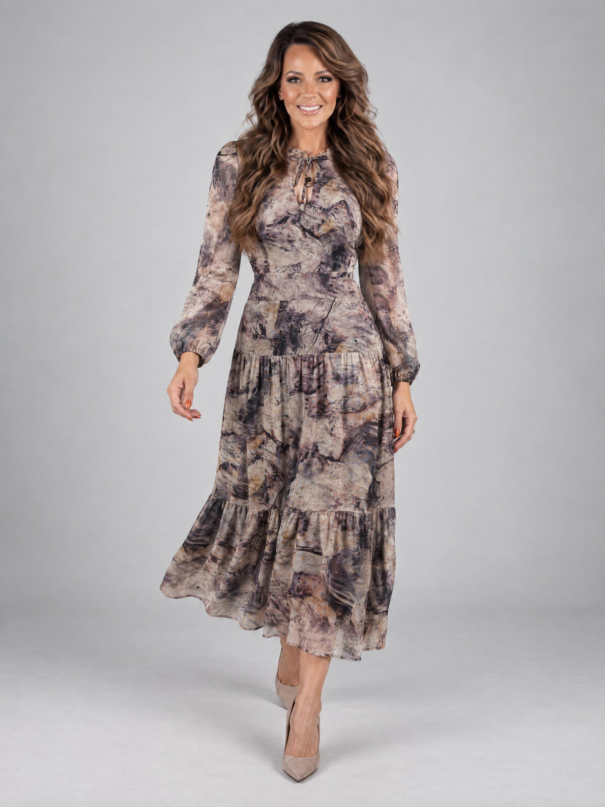 Eleria Cortes klänning, beige multi – luftig chiffong - Modevillan