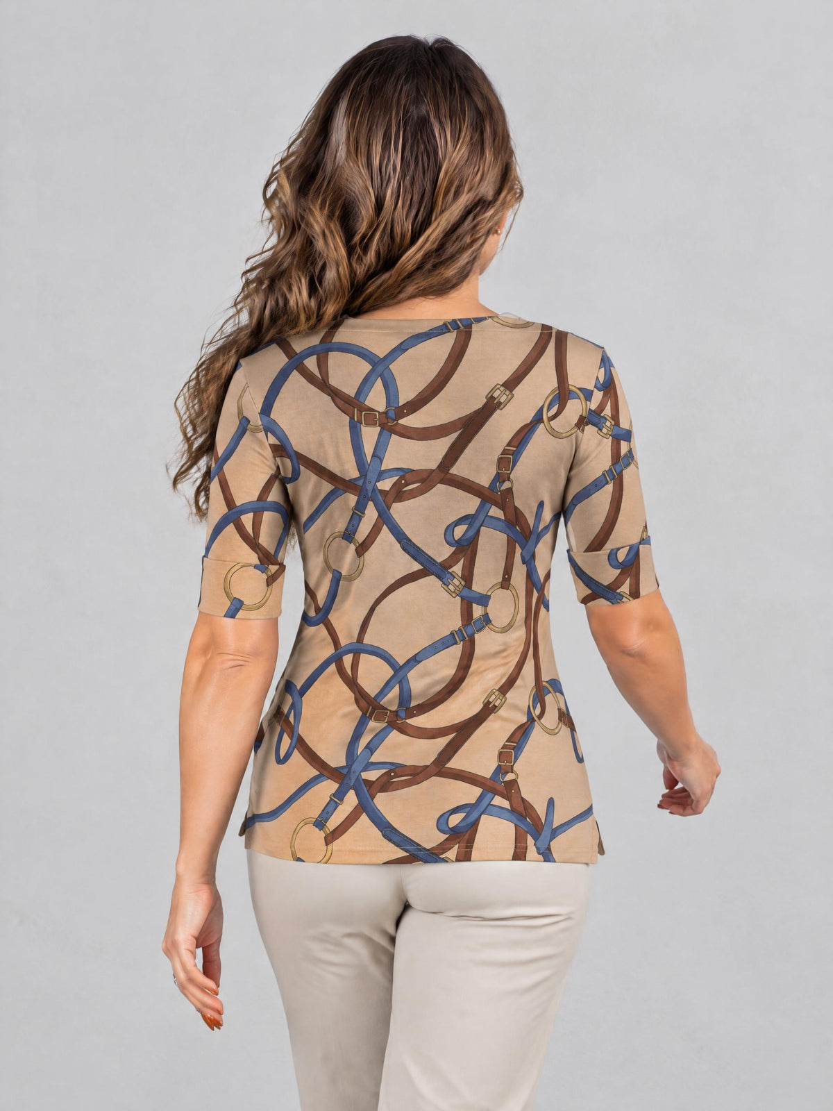 Lauren topp, camel multi – båthalsringning - Modevillan